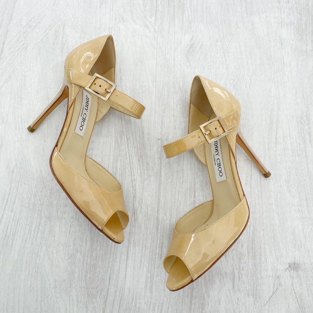 Jimmy Choo Patent Leather Peep Toe Pumps Buckle